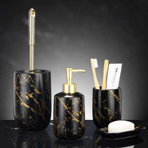 Wholesale Bath Decor Black Glazed Gold Decal Ceramic Bathroom Luxury Set