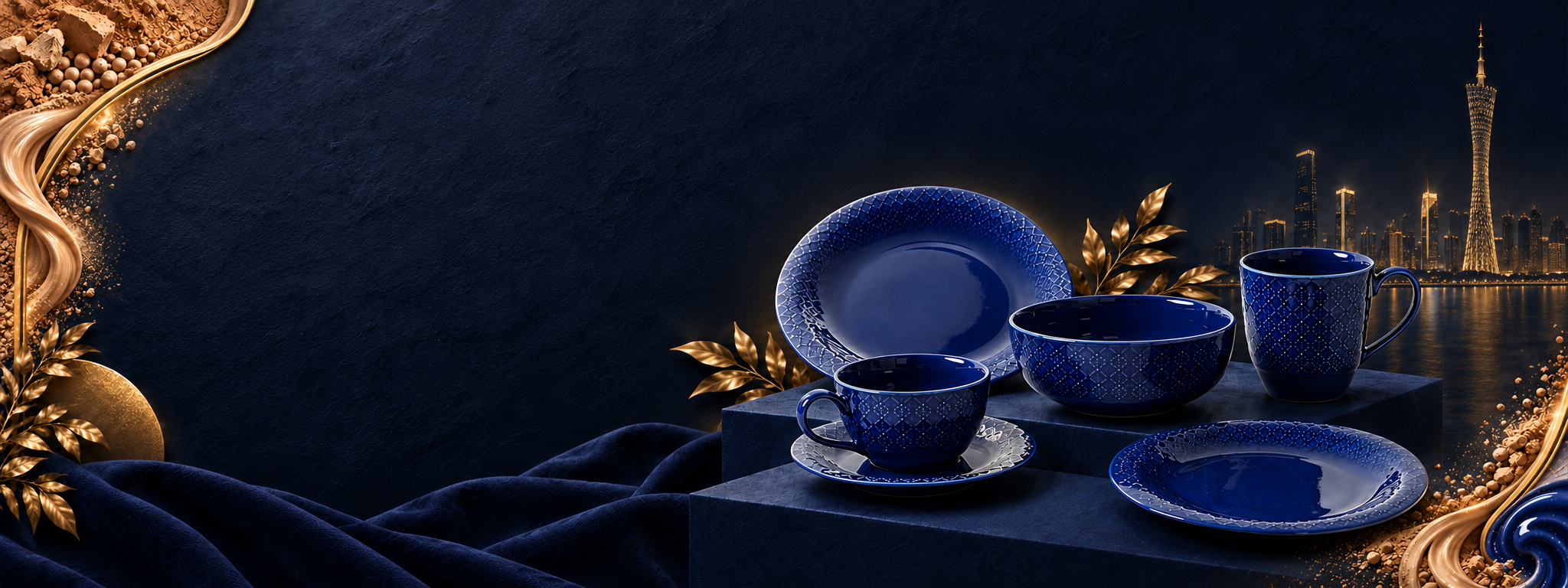Navy blue ceramic dinnerware against a deep blue and gold exhibition backdrop