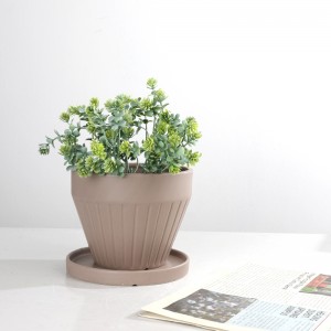 Manufacturer ODM Indoor Table Wide-mouth Design Ceramic Wide-Mouth Striped Planter with Tray