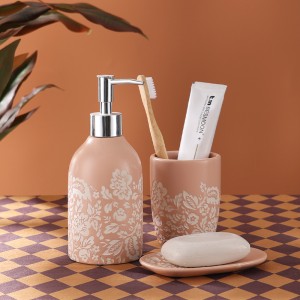 Custom Pink 3pcs Ceramic Set of Bathroom Accessories Factory