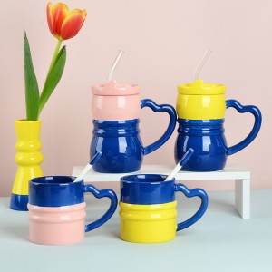 Factory Handmade Personalized Ceramic heart-shaped Handle Coffee Mug Stylishly Designed Straw Tumbler