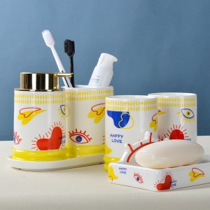 Manufacturer Home Hotel Modern ODM 6 Pieces Eyes And Heart Design Ceramic Bathroom Set For Valentine’s Day